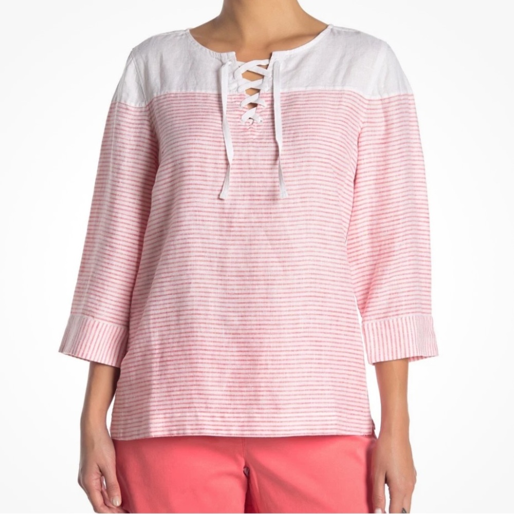 Tommy Bahama Crystalline Waters Lace-Up Linen Top Size M red and white
